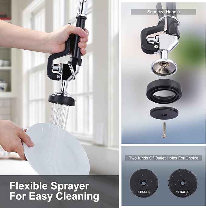 Commercial Kitchen Faucet Wall Mount with Pre-Rinse Sprayer 8 Inch Center Wall Mount Kitchen Sink Faucet with 9.6" Add-on Swing Spout 25" Height Faucet with Pull Down Spray