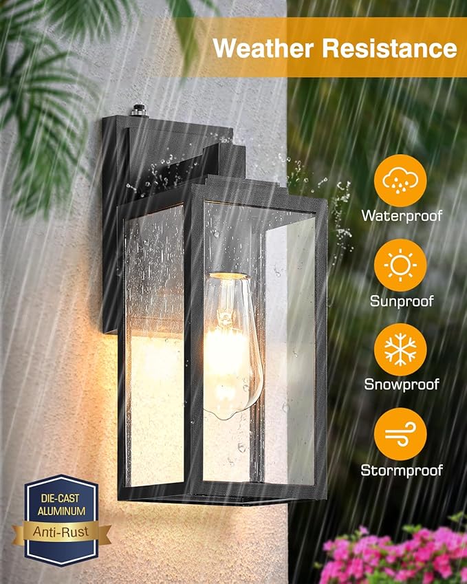 VIANIS Dusk to Dawn Outdoor Porch Lights Wall Mount, Modern Black Exterior Sconce Light for House, Waterproof Carriage Lamp, Anti-Rust Aluminium Wall Lantern with Tempered Seed Glass Shade for Garage