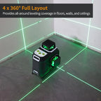 Firecore 4 x 360 Laser Level Self Leveling, 16 Lines Green Beam 4D Cross Line Tiling Floor Tool, 3 Gear Brightness Adjustment/Pulse Mode for Construction, 2 Li-ion Batteries, Remote Control included
