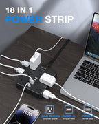 Flat Plug Power Strip Surge Protector, HUNIAN 5 Ft Extension Cord with 12 Widely Spaced Multiple Outlets 6 USB Charger (2 USB C Ports), Desk Charging Station for Home Office Supplies, Black