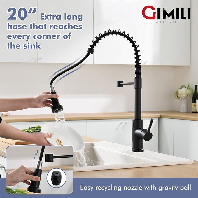 GIMILI Matte Black Touchless Kitchen Faucet Motion Sensor Activated Smart Hands Free Kitchen Faucets with Pull Down Sprayer Single Handle Spring Kitchen Sink Faucet