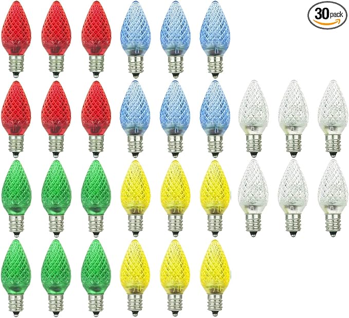 Sunlite 41295 LED C7 Holiday Decorative Light Bulb, 0.4 Watts, E12 Candelabra Base, Faceted Christmas-Lights; Nightlight, Multi Color Combo 30 Count
