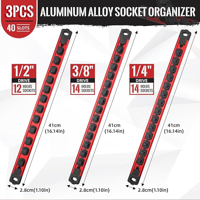 Magnetic Socket Organizer, 3-Piece Heavty Duty Aluminum Socket Holder, Socket Rail for Tool Box, Premium Quality 360° Swivel Socket Rack Kit with 40 Clips for 1/2, 3/8, 1/4-Inch(Red)