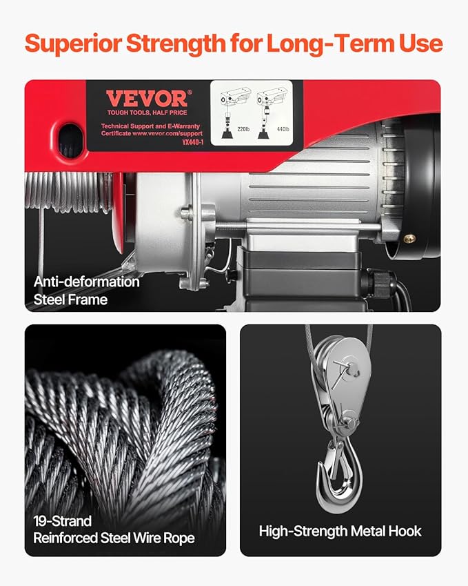 VEVOR Electric Hoist with Remote Control, 440 lbs Material Handling Tool, 110V Electric Hoist with 14ft Remote Control for Factories, Warehouses, Construction Site, Attic