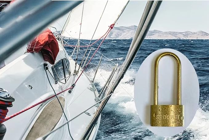 Weather Proof Lock, Keyed Alike Solid Brass Padlocks with Long Brass Shackle, Light Duty, 1-1/2" Wide Body, Marine Padlock, Anti Rust Lock, 8 Pack