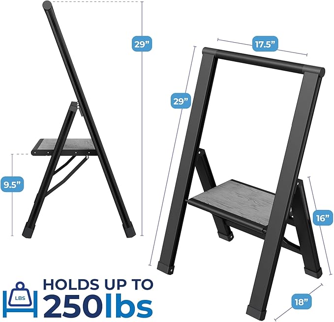 Step Ladder 1 Step Folding, Decorative - Beautiful Gray Wood & Black Aluminum, Ultra Slim Profile, Anti Slip Steps, Sturdy-Portable for Home, Office, Kitchen, Photography Use,by SORFEY