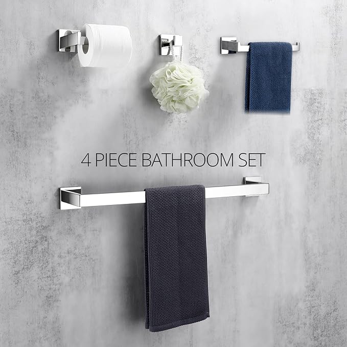 BAGNOLUX Bathroom Hardware Set 4 Pieces, Bath Towel Holder Set SUS304 Stainless Steel, Towel Bar Rack Set for Wall Mounted, Square Bathroom Accessories Set Fixture Heavy Duty Polished Chrome