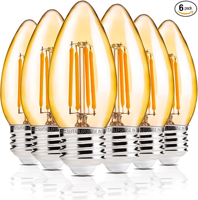 ALAMPEVER LED Chandelier Light Bulbs 40 Watt, B11 Candelabra LED Light Bulb, Dimmable E26 Led Bulbs 2200K Warm White, Amber Glass, 330LM, 6 Pack