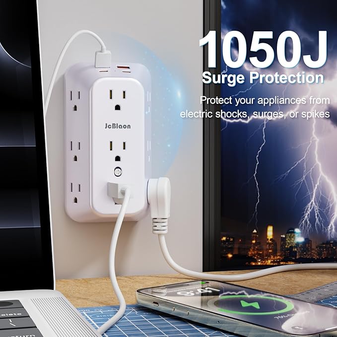 Outlet Extender Wall Charger with Multi Plug Adapter 9 AC Outlets 4 USB Charging Ports 1875W 1050J Surge Protector Power Strip Spaced Splitter for Home, Travel, Dorm Room Essentials