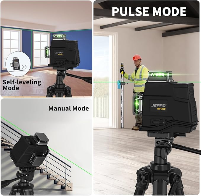 JEPPO Laser Level with Tripod,3D Green Laser Level 3x360 Self Leveling,12 Line Lazer Leveler Tool for Construction,Picture Hanging,APP Remote Control,Rechargeable Battery,Magnetic Rotating Stand