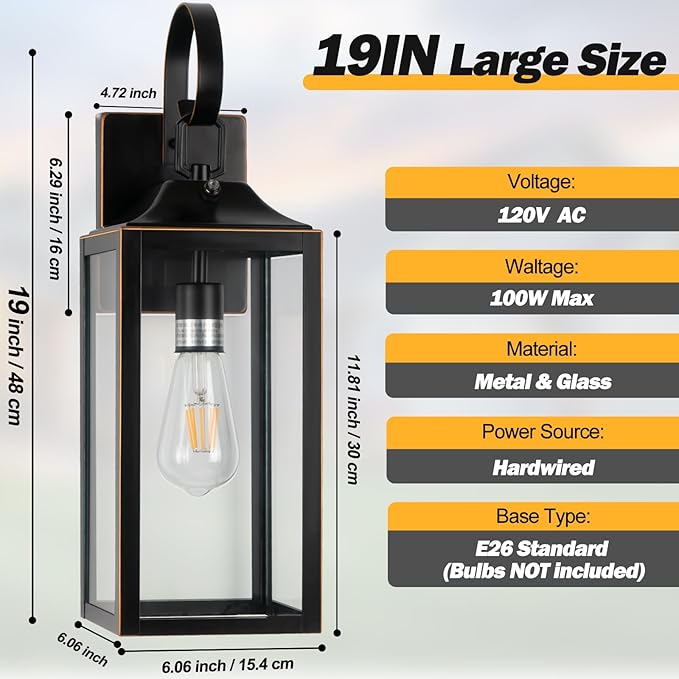 19" Dusk to Dawn Outdoor Lighting 2 Pack, Large Outdoor Wall Lights Dusk to Dawn, Black Sensor Porch Lights Exterior Lighting Fixtures Wall Mount for House Garage -with Gold Trim