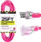 Iron Forge Cable Weatherproof 25 Ft Outdoor Extension Cord - 16/3 SJTW 13 Amp Heavy Duty Neon Pink Extension Cord 3 Prong - Lighted End