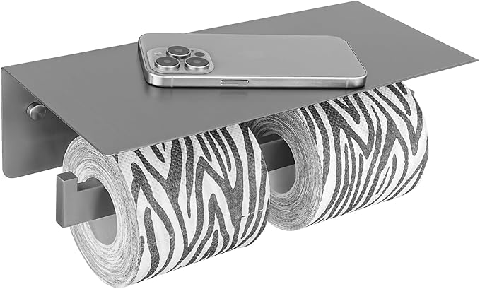 APLusee Gunmetal Gray Double Toilet Paper Holder with Shelf, 304 Stainless Steel Bathroom Tissue Roll Holder, Wall Mounted Paper Dispenser for Bathroom Kitchen, Fits Mega Rolls