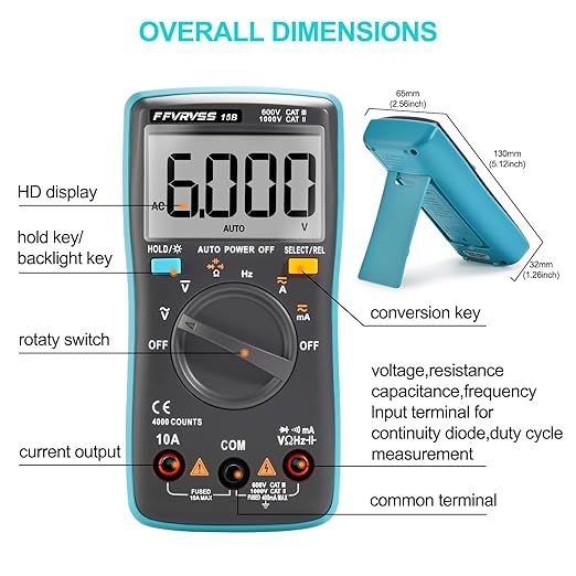 15B Digital Multimeter Tester, Voltmeter, Vehicle Detector 4000 Counts, Auto-Ranging for AC/DC Voltage and Current, Ohm, Capacitance, Frequency, High-Precision Large Screen Display for Clear Viewing