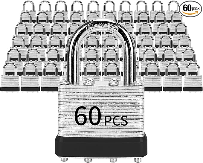 Padlocks with Same Key, LQYN 60 Pcs Laminated Keyed Padlock (1-9/16", 40mm), Keyed Alike Locks, Normal Shackle, for Storage Locker, Hasp Latch, Toolbox, Sheds