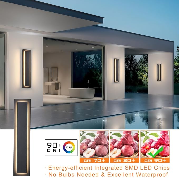 tewei 23.6 Inch Modern Outdoor Wall Sconce, Long Black LED Exterior Lighting Fixtures, Modern Large Outdoor Front Porch Lights Outside Wall Mount Lights for House, Warm White 3000K, 1 Pack