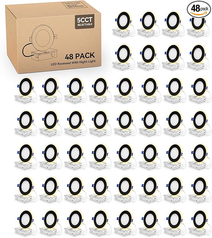 48 Pack 4 Inch Led Recessed Lights with Night Light, Canless Ultra Thin Wafer Soffit Recessed Lighting Downlight, Dimmable & 5 Color Temperature Selectable, 9W, ETL, Black