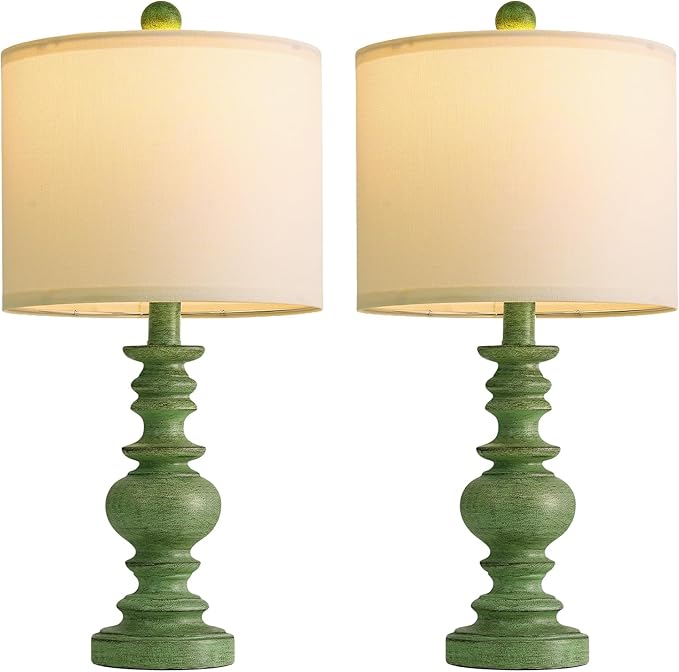 BOBOMOMO 20" Sage Green Table Lamps Set of 2 – Farmhouse Resin Bedside Lamps with Linen Shades, Handcrafted Traditional Rustic Lamp for Bedroom, Living Room, or Corner – Ideal for Small Spaces