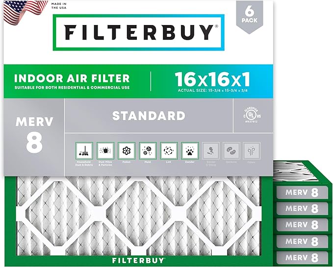 Filterbuy 16x16x1 Air Filter MERV 8 (MPR 700) Dust Defense Replacement (6-Pack), Electrostatic Pleated HVAC AC Furnace Filters, Made in USA (Actual Size: 15.75 x 15.75 x 0.75)