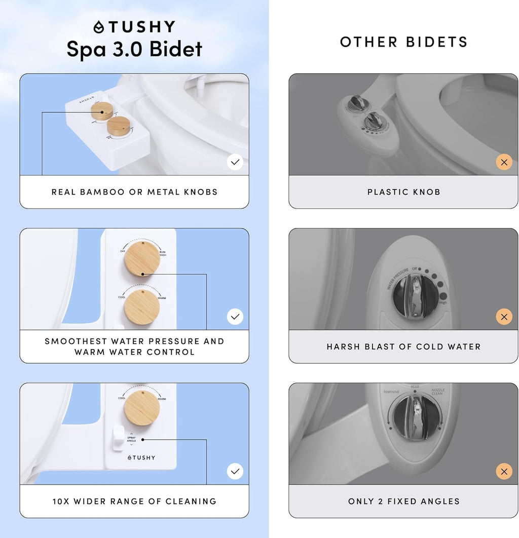 TUSHY Spa Royale Warm Water Bidet Seat Attachment. Self Cleaning Water Sprayer, Adjustable Pressure Nozzle, Angle Control. (Requires Sink Access for Water Temperature Control), Gold Knobs