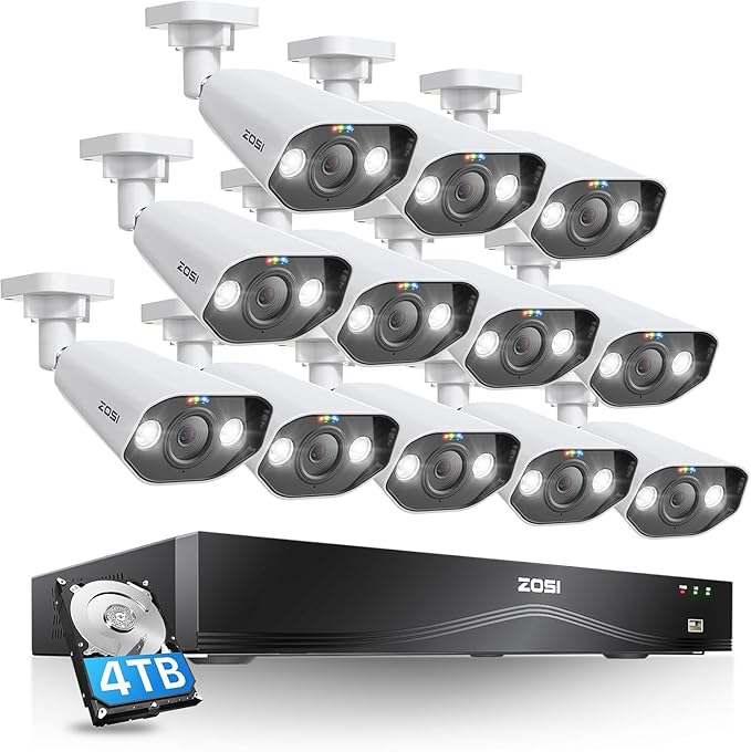 ZOSI 32CH 4K PoE Security Camera System,12pcs 8MP Outdoor Indoor PoE Cameras,Face Person Vehicle Detection,2-Way Audio,Color Night Vision,16Port 32 Channel 8MP/4K NVR with 4TB HDD for 24/7 Recording