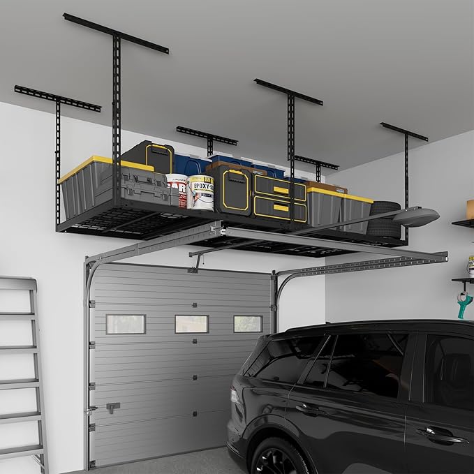 3X8FT Overhead Garage Storage Rack, 22"-48" Height Adjustable Garage Ceiling Storage Racks, Heavy Duty Metal Garage Storage Organizer System, 750LBS Weight Capacity