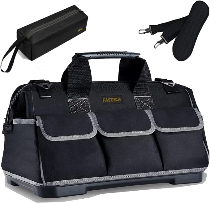 FASTECH 20-inch Wide Mouth Tool Bag with Water Proof Molded Base, Waterproof Tool Organizer Bag for Men with Adjustable Shoulder Strap (20INCH)