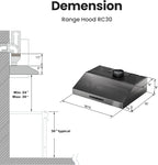 30 inch Range Hood Stainless Steel(PVD), Black Stove Hood with 900 CFM with 1.5 Sones Quiet,3 Speed Exhaust Fan Hood Vents for Kitchen,Under Cabinet Range Hood with GU10 LED Lights