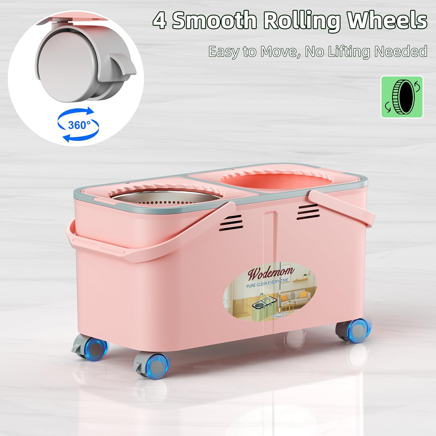 2025 Upgraded Gen 2 Spin Mop and Bucket Set with 4 Swivel Wheels for Easy Rolling, Separates Clean & Dirty Water, Floor Mop with 6 Washable Mop Heads for Wood, Tile, Vinyl, Baseboards - Pink