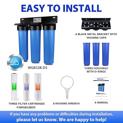 iSpring Anti-Scale Whole House Water Filter System w/Sediment, Polyphosphate, and Carbon Block Water Filters, 3-Stage Water Descaler and Water Filter, Model: WGB32B-DS