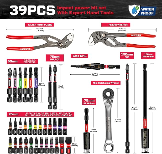 39Pcs Tools Set Packaged with Heavy-duty Tool Box, Include Screwdriver Bits,Bit Holder, Mini Ratchcting Wrech, Step Drill, Bit Holder, plier and Ratchets Screwdriver for Home Repairs DIY