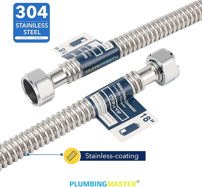 Stainless Steel Corrugated Water Heater Connector, 18-Inch,1” FIP* 1” hot and cold Corrugated Water flexible hose, Leak-Proof, 10-Year Warranty, 2-pack
