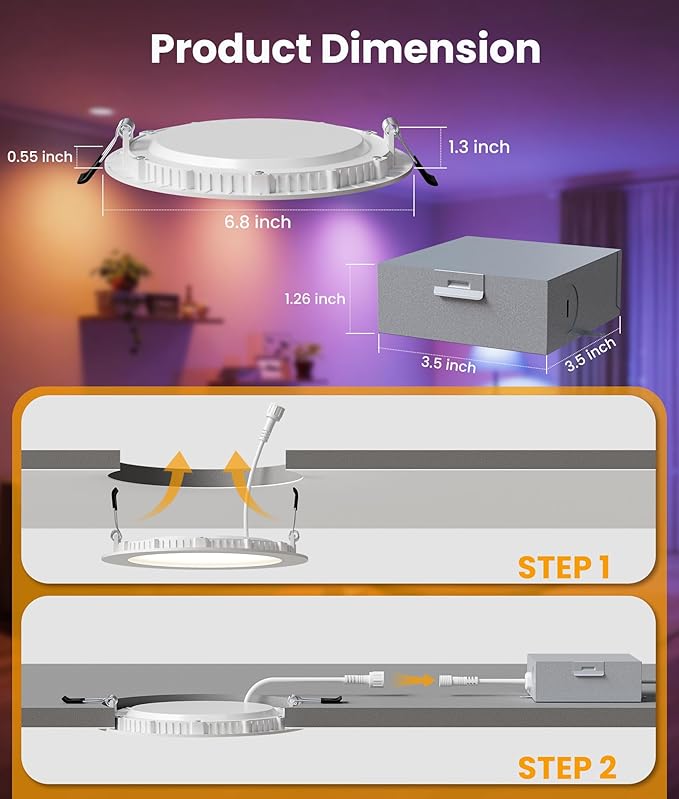 Recessed Lighting 6 Inch with App & Voice Control, 1200LM RGBCW Smart Ceiling Light Work with Alexa & Google, Dimmable LED Recessed Lighting 6 Inch with Timer Music Sync Can Lights, 4 Pack