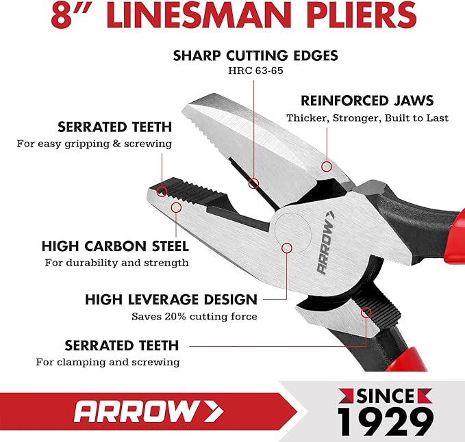 ARROW 8" High Leverage Linemans Pliers, Side Cutters, Linesman Pliers for Wire Cutting, Gripping