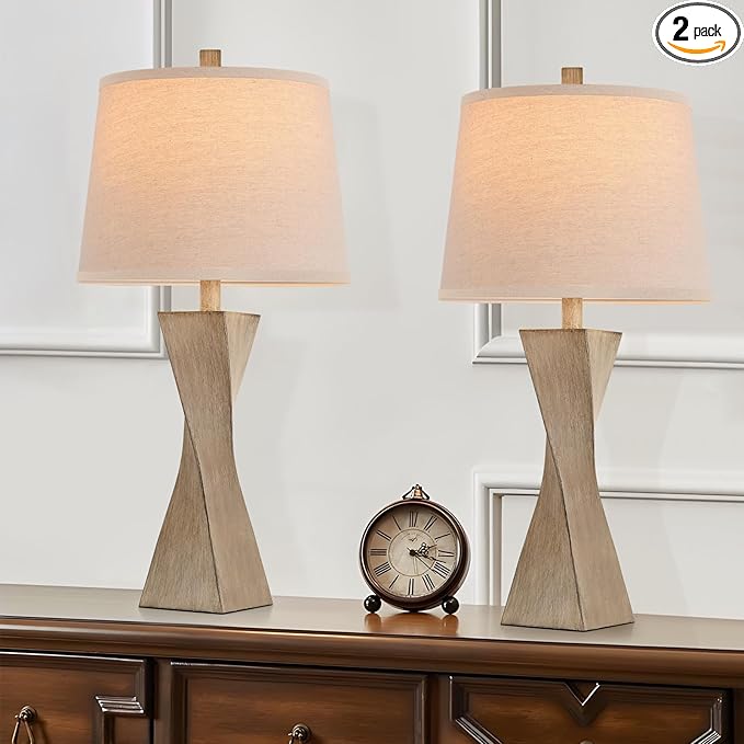 Bedside Lamps Set of 2 Unique Modern Vintage Table Lamp Rustic Farmhouse Desk Lamps for Living Room End Tables Bulb Not Included, Linen Shade, 26.5 in,Grey