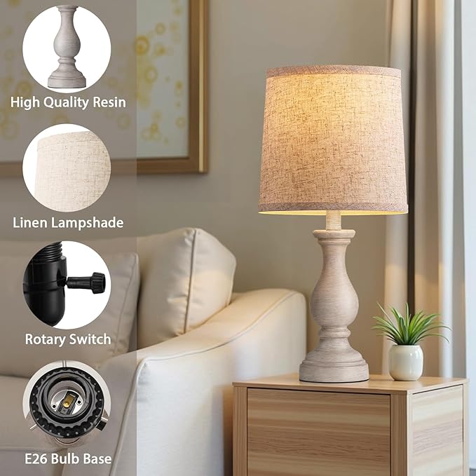 Seealle Farmhouse Table Lamps - 22" Rustic Lamp for Bedroom Living Room, Boho Bedside Lamps for Night Stands End Table Office Desk Lamp Nightstand with Linen Shades(Single)