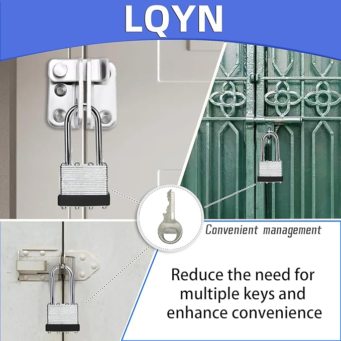 Padlocks with Same Key, LQYN 12 Pcs Laminated Keyed Padlock (1-9/16", 40mm), Keyed Alike Locks, Long Shackle, for Storage Locker, Hasp Latch, Toolbox, Sheds