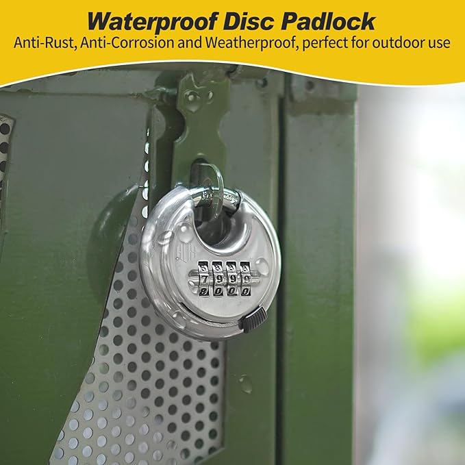 HOX Combination Lock, 4 Digit Disc Padlock with 3/8 Inch Hardened Steel Shackle, 2-3/4 Inch Wide Body, Keyless Heavy Duty Combo Lock for Hasp Latch, Sheds, Fences, Storage Locker (4 Pack)