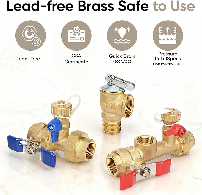 Upgrade 3/4 Inch IPS Isolator Tankless Water Heater Service Valve Kit, Isolation Valve with Pressure Relief Valve, Lead-Free Brass, Compatible with Rheem/Rinnai/EcoSmart/Navien/Noritz/Takagi/Bosch