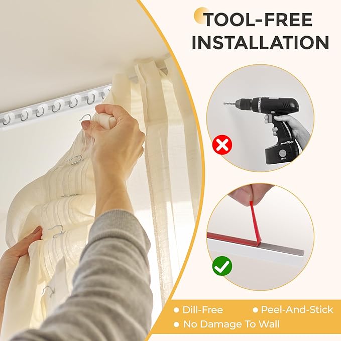 16.1FT Self Adhesive Ceiling Curtain Track No Drill, Curtain Track Ceiling/Wall Mount, Unbendable & Cuttable Track Curtain Rod for RV, Windows, Living Room, Bedroom