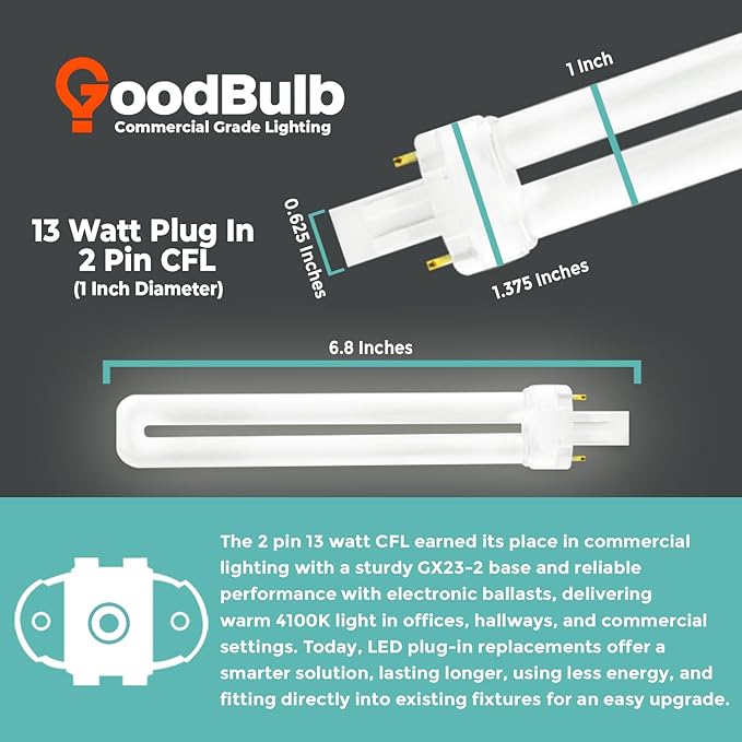 GoodBulb 13 Watt CFL Light Bulbs | 2 Pin GX23 Base 4100K Cool White | 13W High Output 800 Lumens | Single Tube Compact Fluorescent Light Bulbs Plug-in | 10 Pack