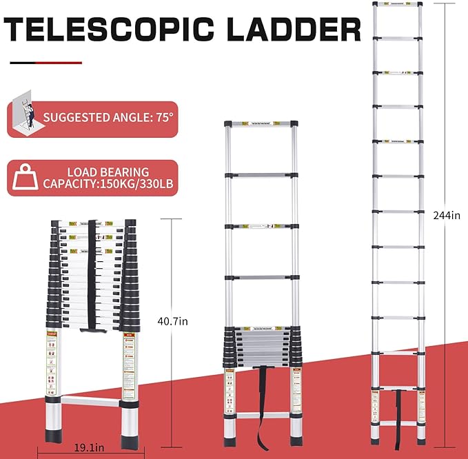 RIKADE Telescoping Ladder 20.3FT & Attic Ladder, Heavy Duty Aluminum with Non-Slip Feet, 330lb Capacity for RV, Attic, Loft & Multi-Surface Use