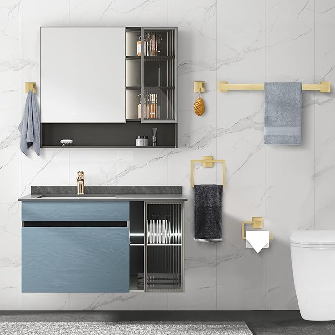 YACVCL 5 Piece Bathroom Hardware Set Brushed Gold, SUS304 Stainless Steel 23.6 Inch Bathroom Towel Holder Set, Brushed Gold Bathroom Accessories, Wall Mounted Towel Holder Set