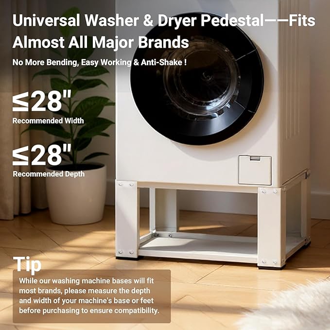 SKM Universal Washer & Dryer Pedestal for 27" & 28" Machines | Heavy-Duty Steel, 700LB Capacity | 15.7" Height, Anti-Slip & Shock-Absorbing, White