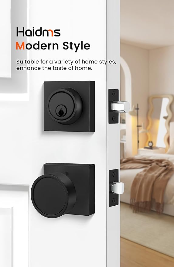 Haidms Black Door Knob with Deadbolt, Zinc-Alloy Matte Black Exterior Door Knobs, Heavy Duty Front Door Knob and Deadbolt Set(1 Pack)