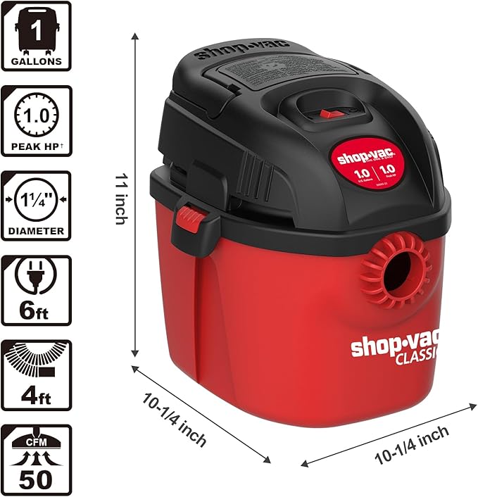 Shop-Vac 2021000 1 Gallon 1 Peak Wet/Dry Vac, Portable Compact Micro Vacuum with Collapsible Handle Wall Bracket & Multifunction Accessories Uses Type A Filter Bag & Type MM Foam Sleeve