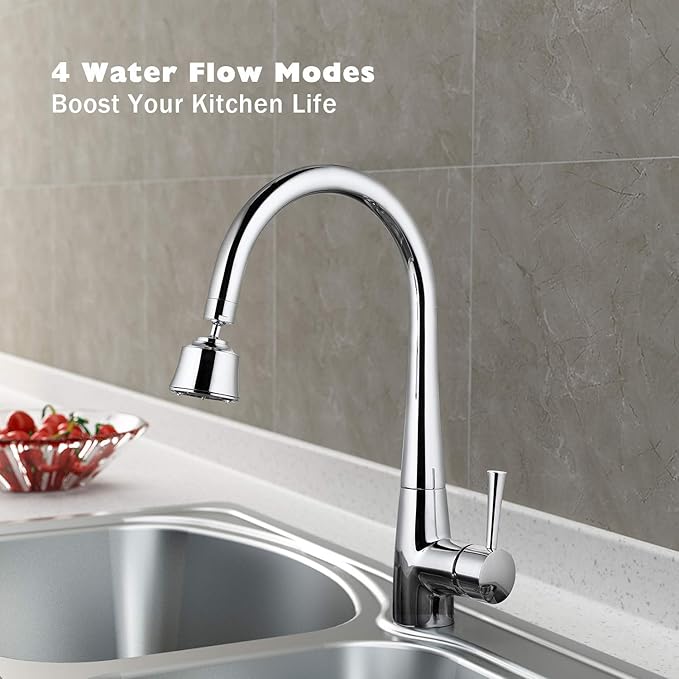 Faucet Sprayer Attachment with 2 Ball Joint, Big Angle Swivel Kitchen Sink Faucet Head Replacement, 4 Spray Models, 55/64-27UNS Famale Thread, Male Thread Adapter Included, Polished Chrome