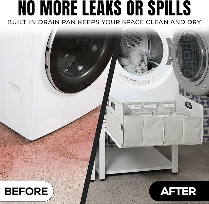 Washer and Dryer Pedestals with Pullout-Shelf - 24" W, 18" H, White Steel Universal Fit with Major Brands | Laundry Pedestal with Drain Pan & Hose | Washer Stand for Back Pain Relief, 800 lbs Capacity