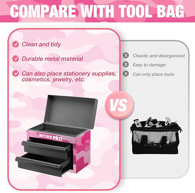 WORKPRO Metal Mini Tool Box, Top Tool Chest containing Two Drawers with Ball Bearing Slides, PVC Drawer Liners and PP Feet Pads, Cold Rolled Steel Small Toolbox for Multi-Purpose Storage - Pink Ribbon