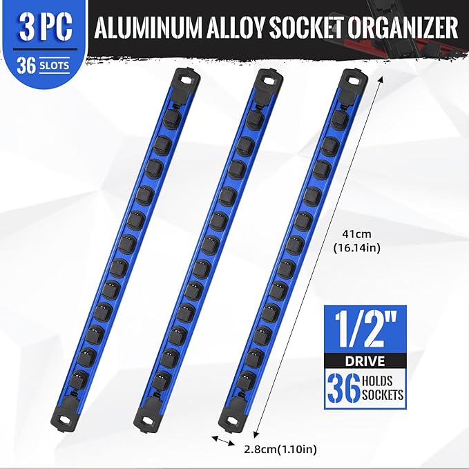 Magnetic Socket Organizer, 3-Piece Heavty Duty Aluminum Socket Holder, Socket Rail for Tool Box, Premium Quality 360° Swivel Socket Rack with 36 Clips for 1/2-Inch(Blue)